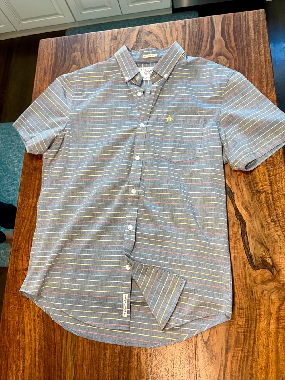 Original Penguin Short Sleeve Button-Down Shirt - Blue with Multicolor Stripes